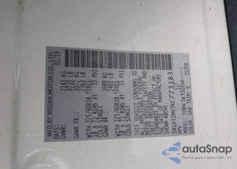 2019 Nissan Rogue Sv z USA, uszkodzony, nr VIN 5N1AT2MV3KC773183